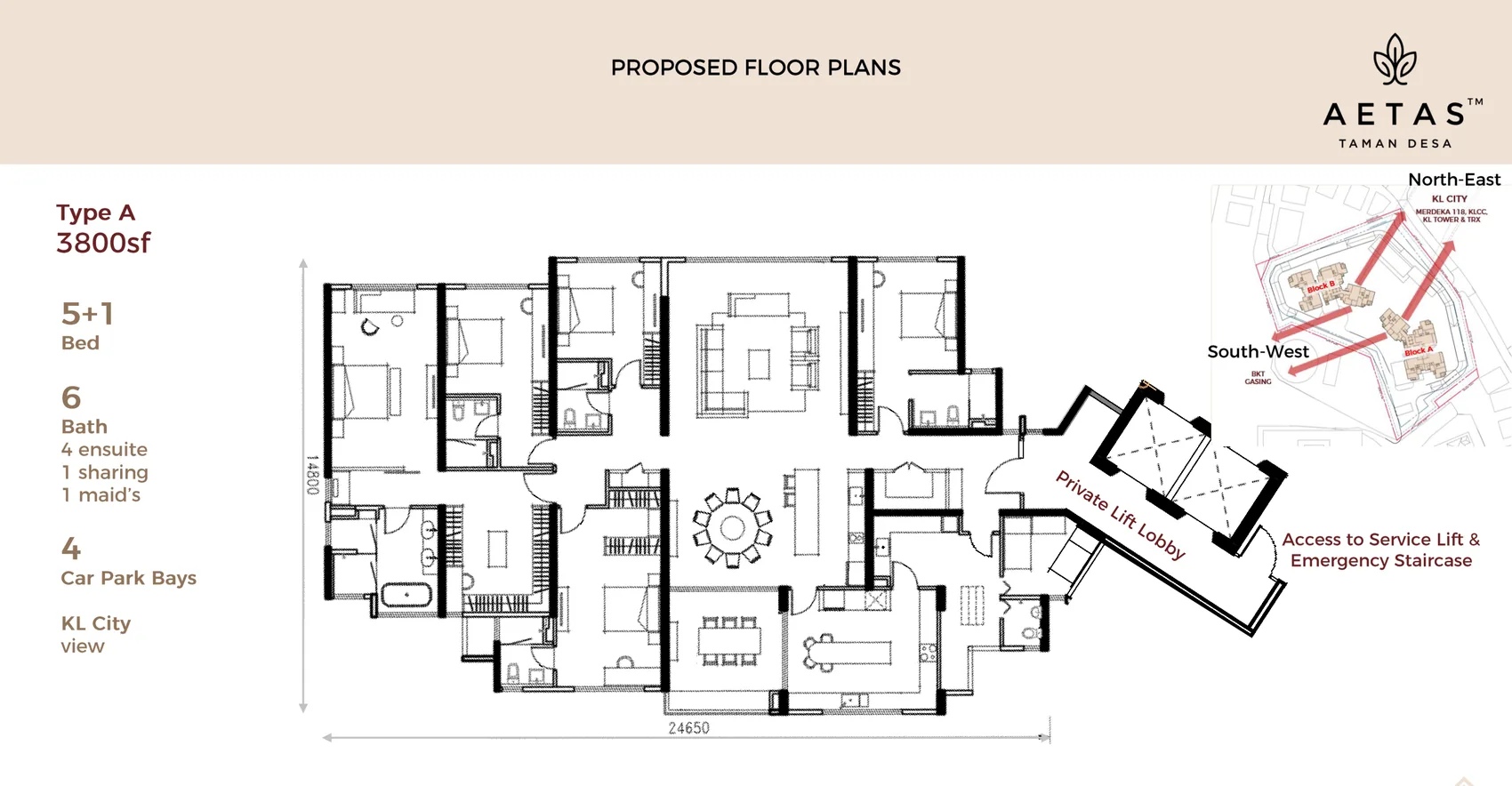 AETAS Taman Desa Type A floor plan, 3,800 sq ft, 5+1 bedrooms, KL city view