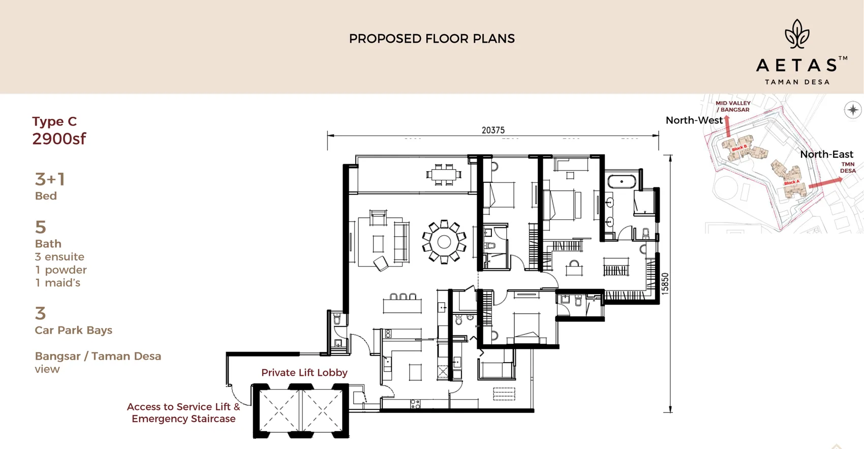 AETAS Taman Desa Type C floor plan, 2,900 sq ft, 3+1 bedrooms